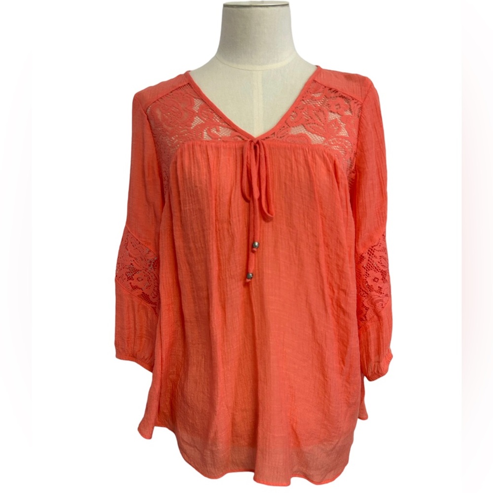 Orange Lace Crinkle Gauze Boho Top Womens Small.‎